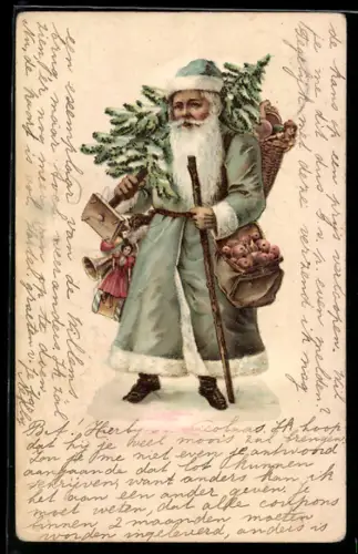 AK Weihnachtsmann mit Geschenken und Äpfeln in der Tasche