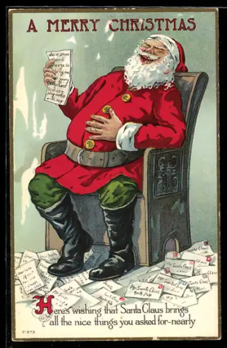 AK Weihnachtsmann lacht herzlich über Wunschzettel