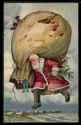 AK Vive St. Nicolas, Weihnachtsmann mit riesigem Sack voller Geschenke