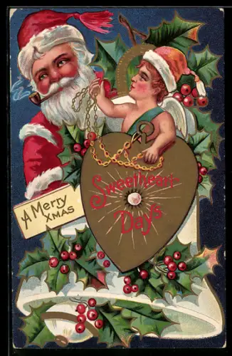 AK Weihnachtsmann mit Glocke und Stechpalmenblättern, Merry Xmas