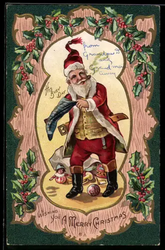AK Weihnachtsmann mit Pfeife im Mund füllt einen Strumpf mit Geschenken