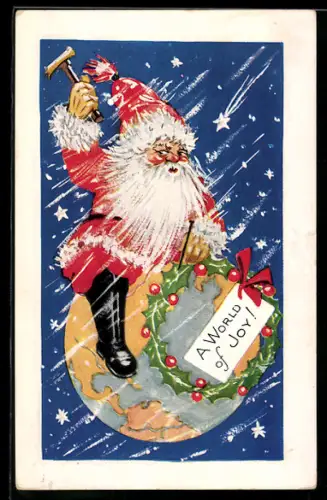 AK Weihnachtsmann sitzt auf der Erdkugel