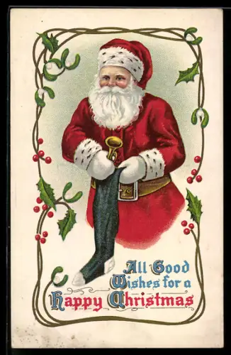 AK Weihnachtsmann steckt eine kleine Trompete in einem Strumpf