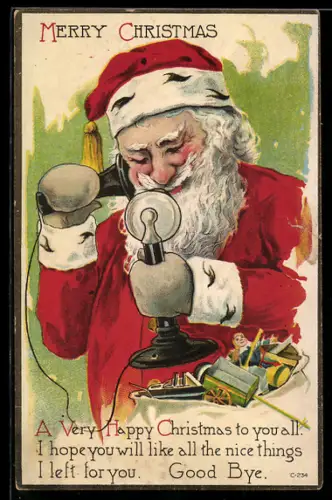 AK Weihnachtsmann spricht am Telefon, Merry Christmas