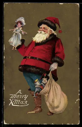 AK Weihnachtsmann präsentiert Spielzeugpuppe, Merry X-mas