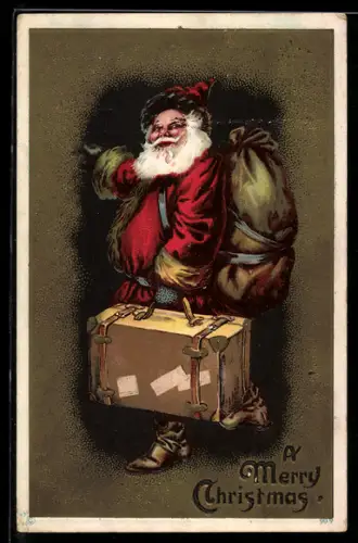 AK Weihnachtsmann mit Geschenkesack und Koffer, Merry Christmas
