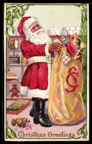 AK Weihnachtsmann mit gefülltem Geschenkesack