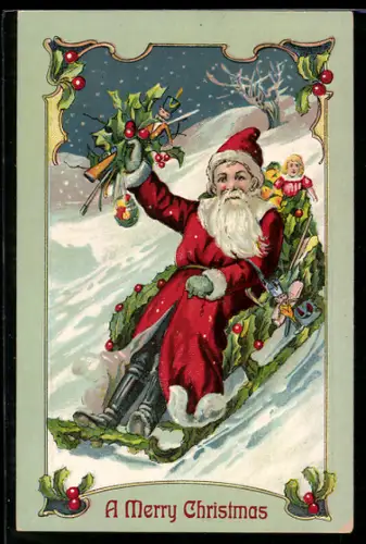 AK Weihnachtsmann mit Stechpalmenblättern fährt mit Schlitten bergab