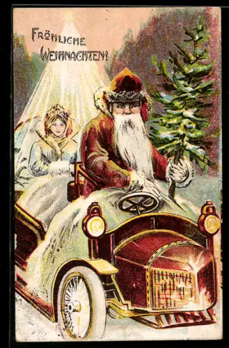 AK Fröhliche Weihnachten, Weihnachtsmann und Christkind in Automobil
