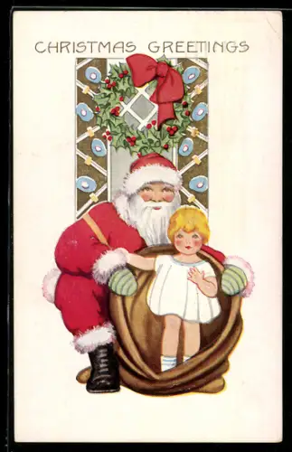 AK Weihnachtsmann und kleines Mädchen im weissen Kleid, Weihnachtsgrüsse