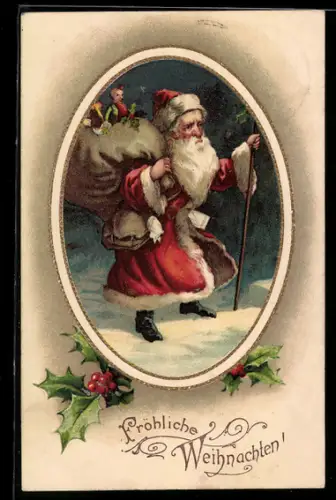 AK Weihnachtsmann mit Geschenkesack in verschneiter Landschaft