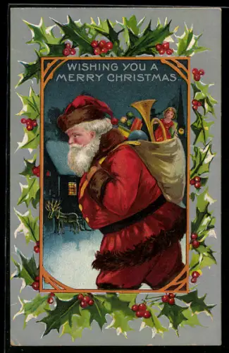 AK Weihnachtsmann mit Geschenken nähert sich einem Dorf
