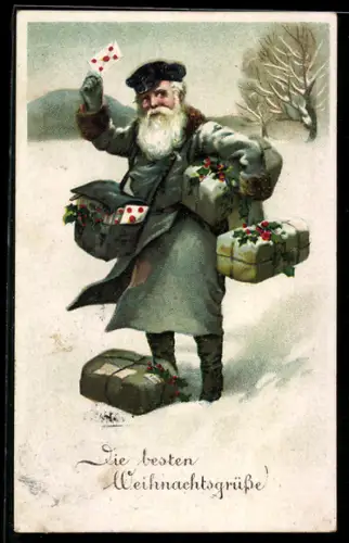 AK Weihnachtsmann als Postbote bringt Pakete und Briefe