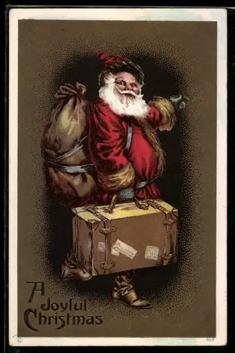 AK Weihnachtsmann mit gut gefülltem Geschenkesack und Koffer, Weihnachtsgrüsse