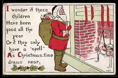 AK Weihnachtsmann am Kamin beschaut sich die Weihnachts-Socken