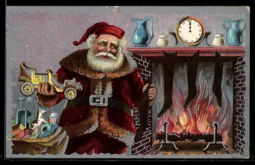 AK Weihnachtsmann plaziert die Geschenke vor dem Kamin