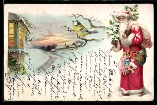 Lithographie Weihnachtsmann mit Geschenken, verschneites Dorf