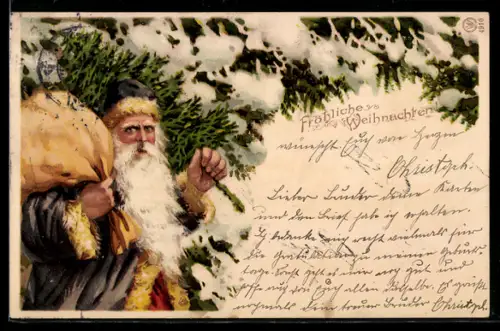 Lithographie Weihnachtsmann mit Geschenkesack und Tannenbaum vor verschneiten Bäumen