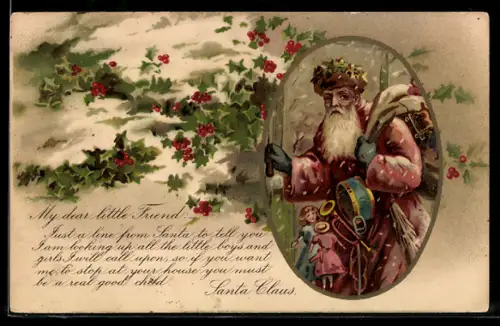 AK Weihnachtsmann mit Geschenken vor einer Haustür, Stechpalmenblätter