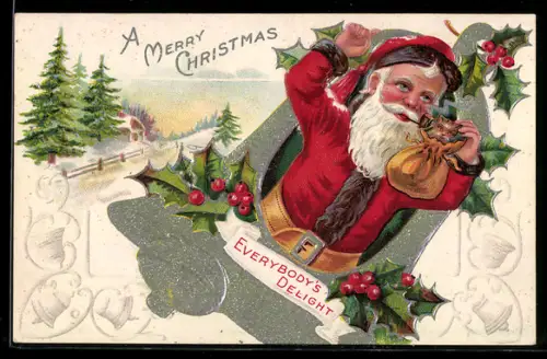 AK Weihnachtsmann mit Kätzchen im Sack, Winterlandschaft und Mistelzweige