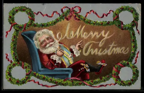 AK Merry Christmas, Weihnachtsmann mit Pfeife auf einem Sessel