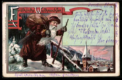 AK Weihnachtsmann in verschneiter Winterlandschaft auf dem Weg ins Dorf