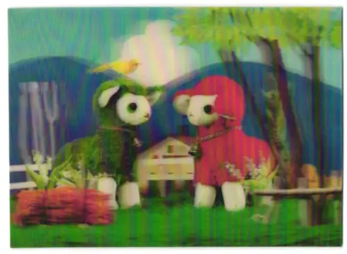 3D-AK bunte Schafe mit Spatz auf dem Kopf