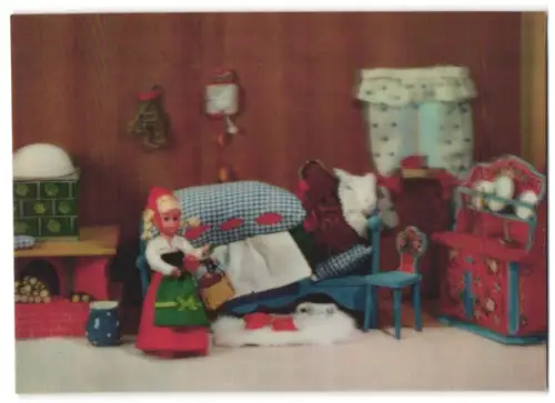 3D-AK Red Riding Hood, Rotkäppchen mit dem Wolf als Oma verkleidet