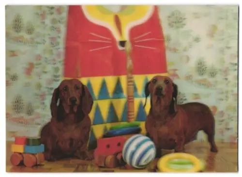 3D-AK Dachshund mit Spielzeug