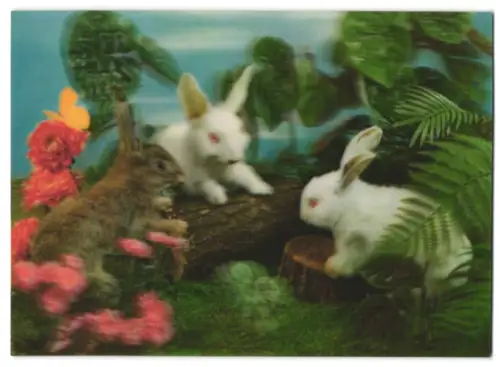 3D-AK Drei Hasen an einem Baumstamm