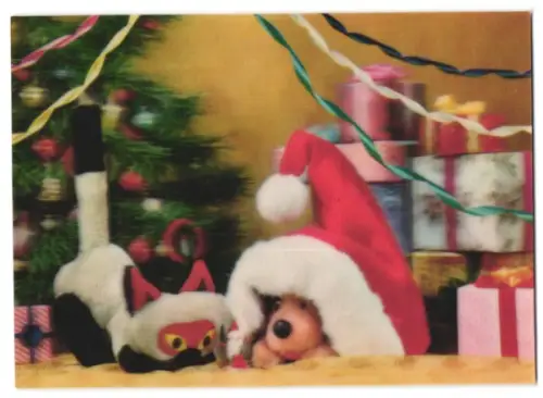 3D-AK Christbaum mit Geschenken und Kuscheltiere mit Weihnachtsmannmütze