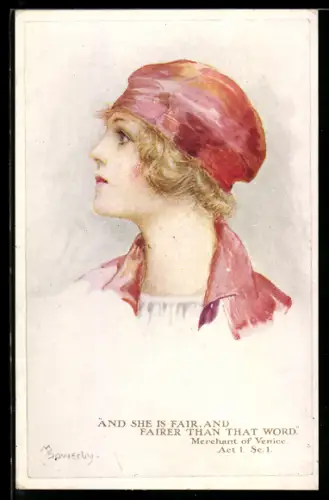 Künstler-AK Millicent Sowerby: Junge Frau mit roter Kopfbedeckung