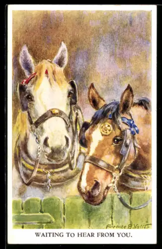 Künstler-AK Florence E. Valter: Zwei Pferde mit Geschirr im Stall