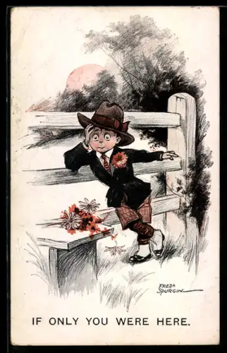 Künstler-AK Fred Spurgin: Kleiner Junge im Anzug mit Blumenstrauss wartet an einem Zaun