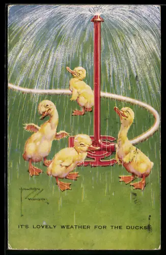 Künstler-AK Lawson Wood: Junge Enten baden unter einer Fontäne