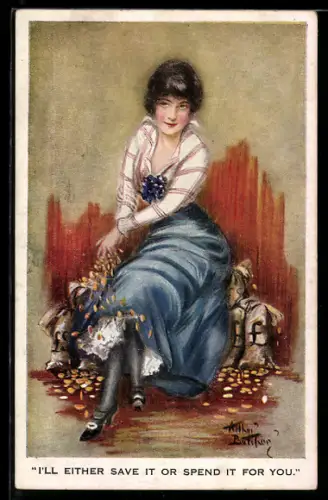 Künstler-AK Arthur Butcher: Frau im blauen Kleid mit Geldsäcken voll britischer Pfundmünzen