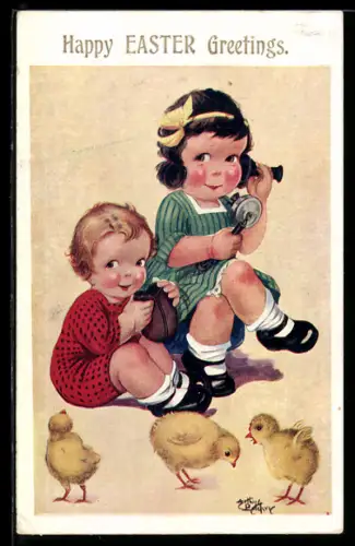 Künstler-AK Arthur Butcher: Telefonierende Kinder mit Osterküken