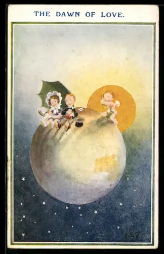 Künstler-AK T. Gilson: Junge und Mädchen mit Schirm sitzen auf der Erde, Amor mit Pfeil