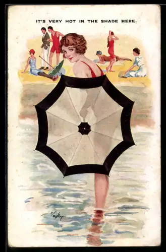 Künstler-AK Arthur Butcher: Junge Frau im roten Badeanzug mit Schirm am Strand