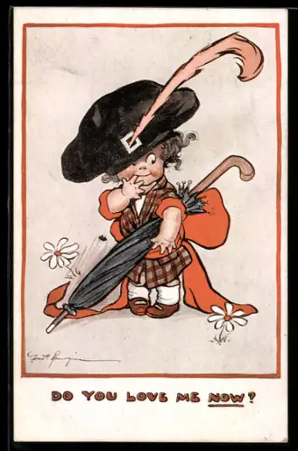 Künstler-AK Fred Spurgin: Kind im Schottenrock mit grossem Barrett und Schirm