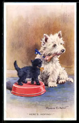 Künstler-AK Florence E. Valter: Hund mit Knochen im Maul und Katze