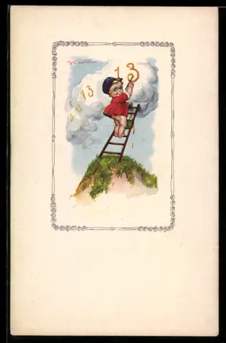Künstler-AK Florence E. Valter: Kind malt die Zahl 13 in eine Wolke