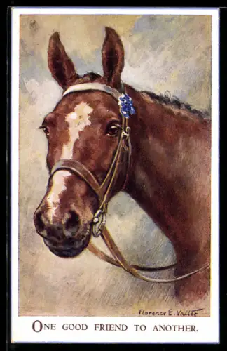 Künstler-AK Florence E. Valter: Pferd mit blauen Blüten am Zaumzeug