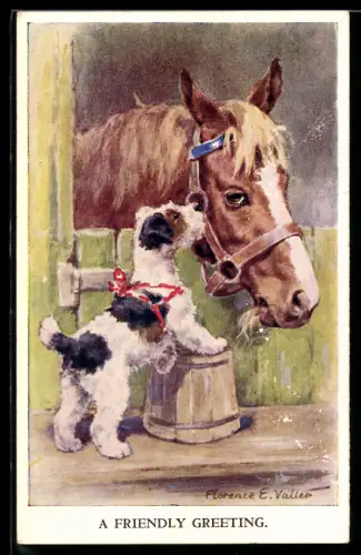 Künstler-AK Florence E. Valter: Süsser Terrier mit Pferd