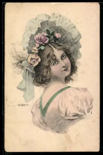 Künstler-AK W. Braun: Junge Frau im Kleid mit Rosen im Haar