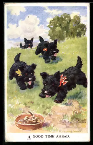 Künstler-AK Florence E. Valter: Junge Hunde sprinten zum Fressnapf