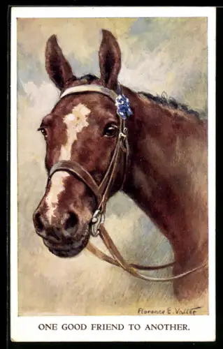 Künstler-AK Florence E. Valter: Braunes Pferd mit blauen Blüten am Zaumzeug