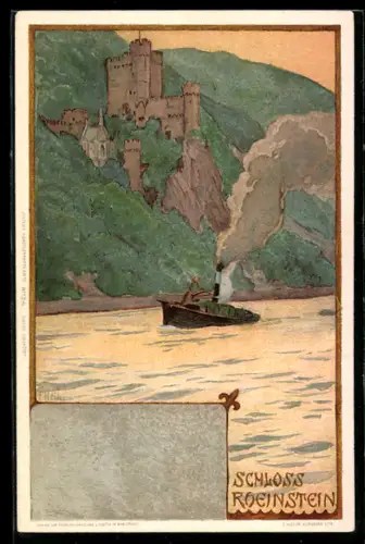 Künstler-AK Franz Hein: Dampfschiff passiert Schloss Rheinstein
