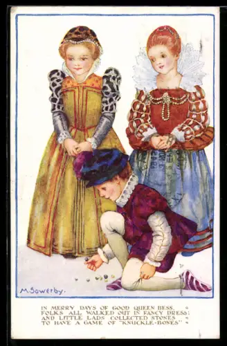 Künstler-AK Millicent Sowerby: Adelig gekleidete Mädchen und Junge beim Murmelspiel