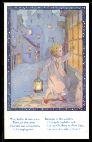 Künstler-AK Margaret W. Tarrant: kleines Kind in Nachthemd schaut mit Laterne in erleuchtetes Fenster